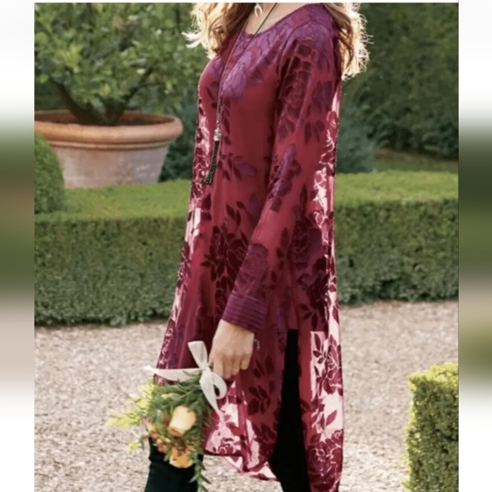 Soft Surroundings Like New "Scarlette" deep red/purple velvet layered tunic, M